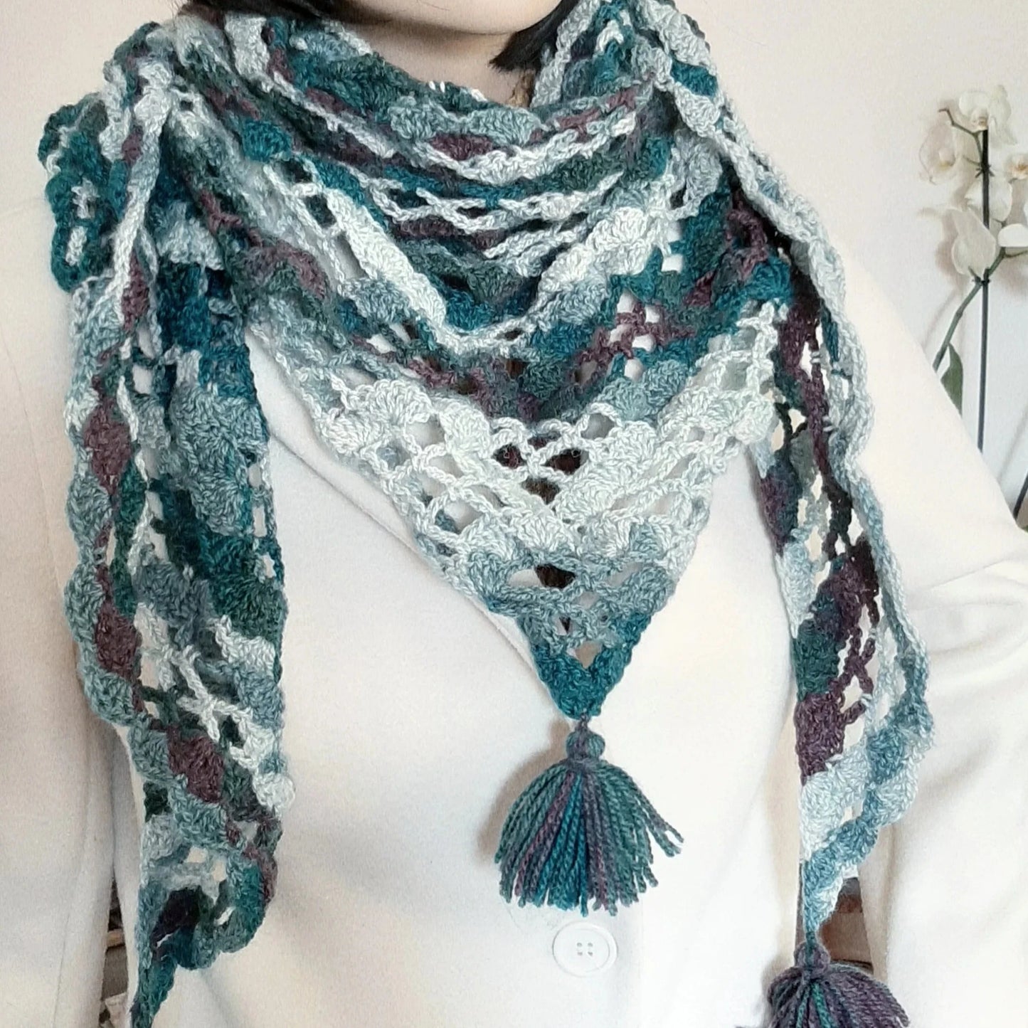 Shawl, Crochet Triangular Scarf with Tassels - Teal