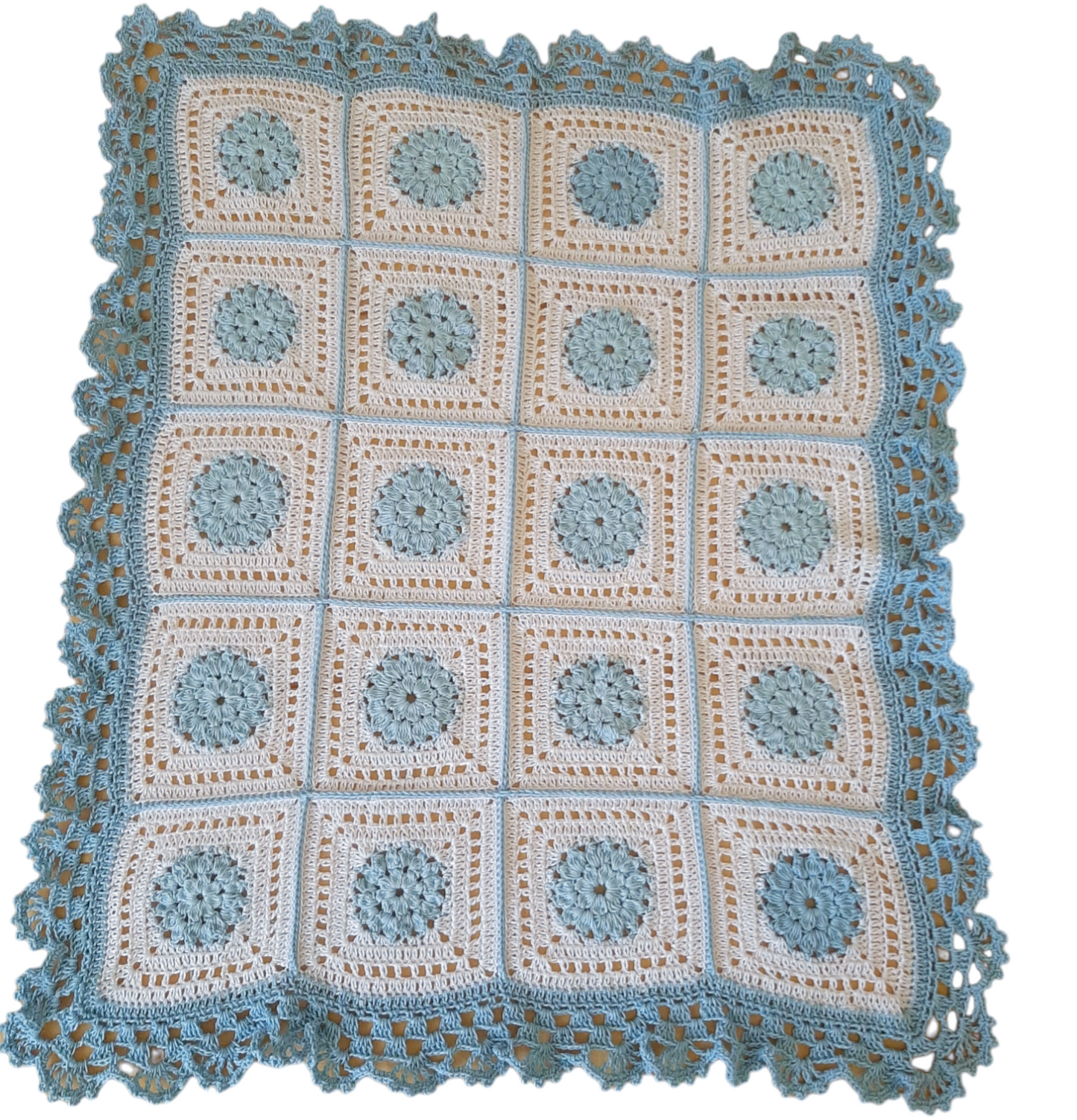 Handcrafted crochet white and blue cotton baby blanket