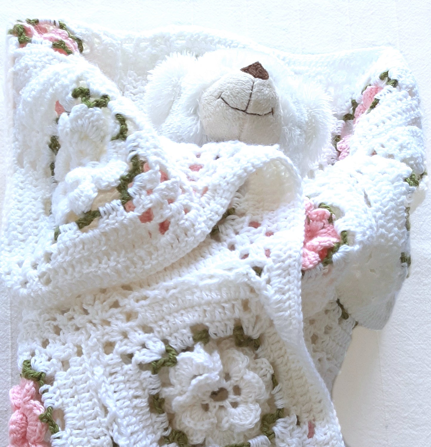 Copertina neonata lana fiori rose lana artigianale uncinetto "blooming rose" - Fairy Corner
