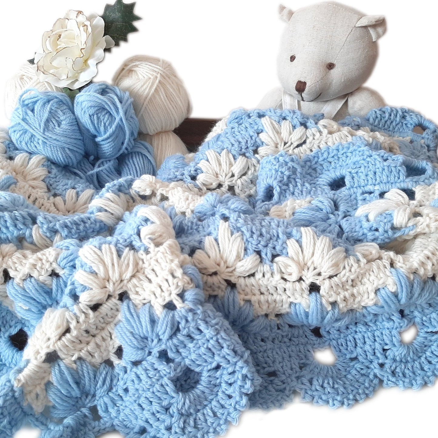 Handmade crochet light blue cream wool baby blanket TULIP POUFF