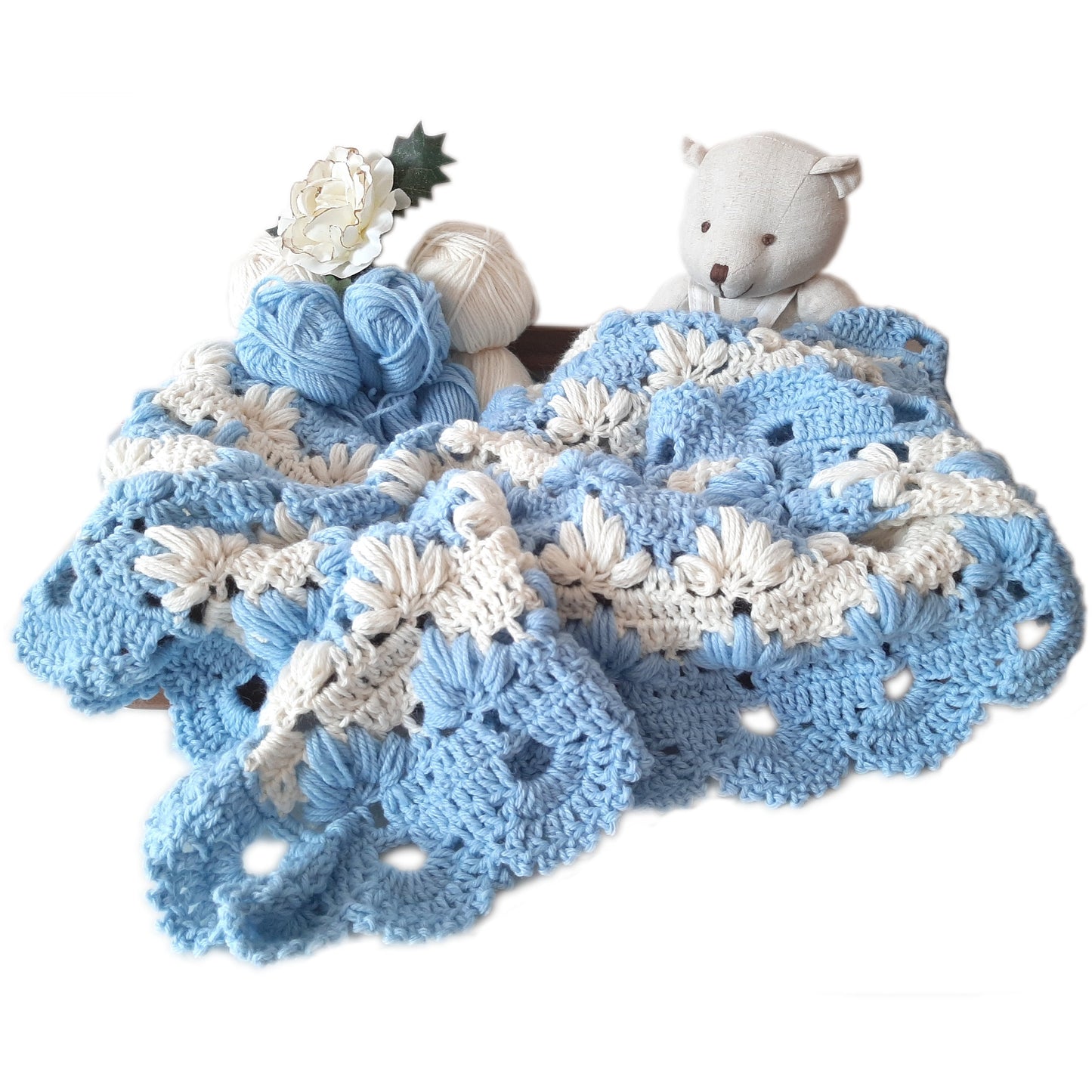 Handmade crochet light blue cream wool baby blanket TULIP POUFF