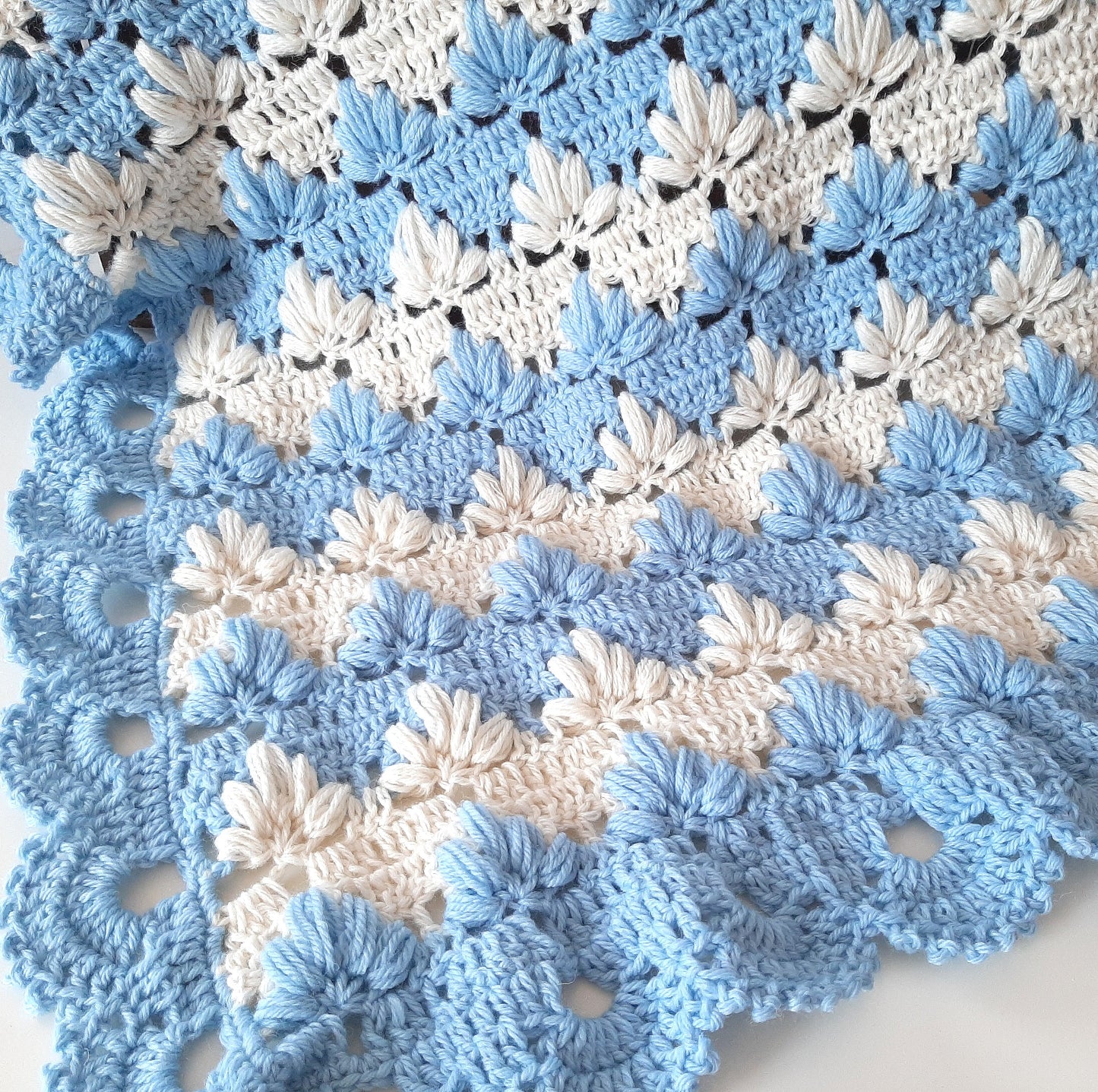 Handmade crochet light blue cream wool baby blanket TULIP POUFF