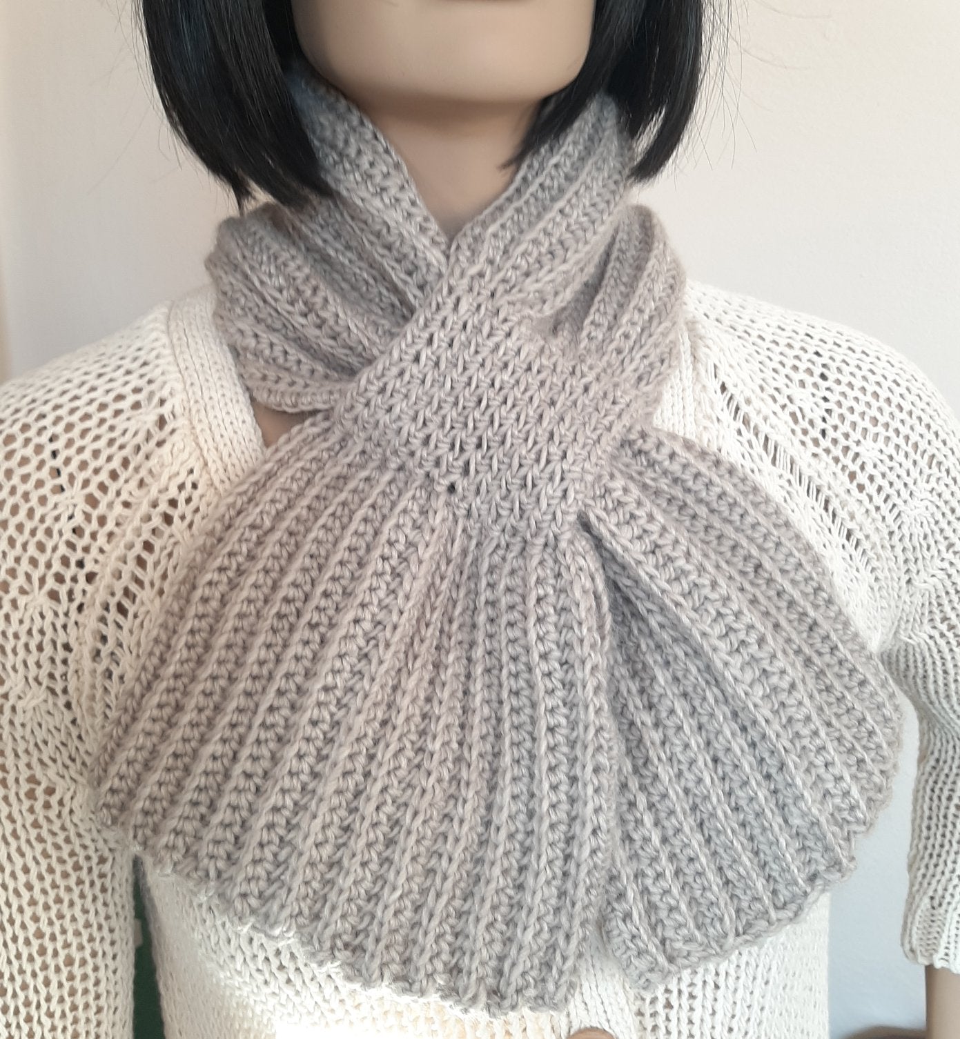 Sciarpa cravatta unisex artigianale uncinetto GRIGIO BEIGE