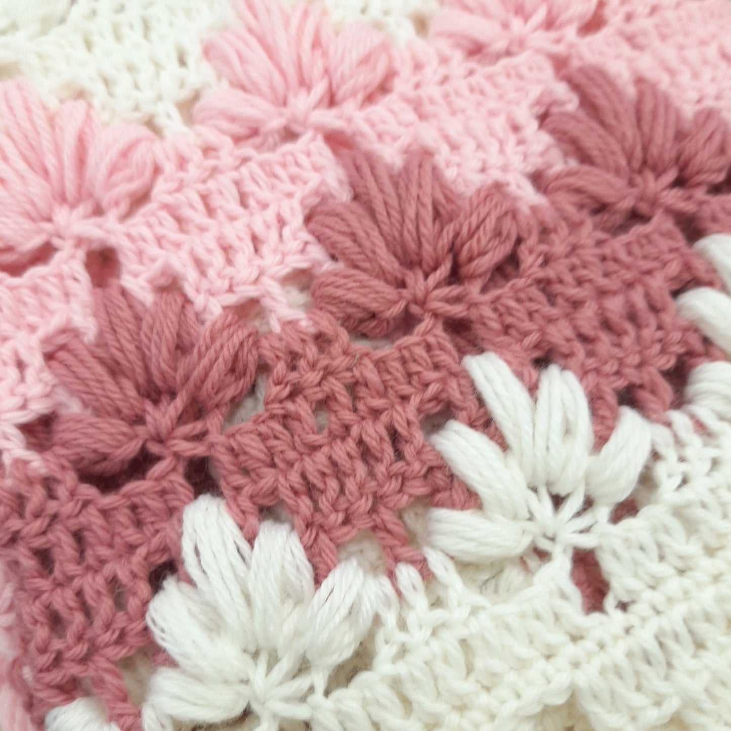 Handmade crochet pink white wool baby blanket TULIP POUFF