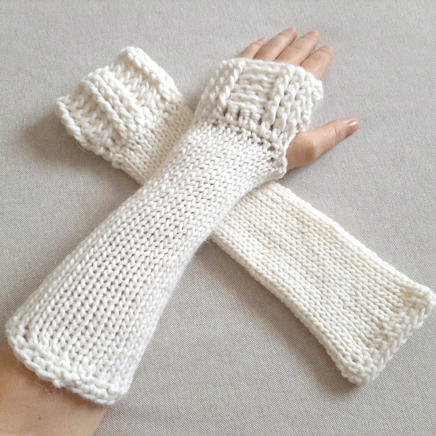Handmade Long Fingerless Gloves - White
