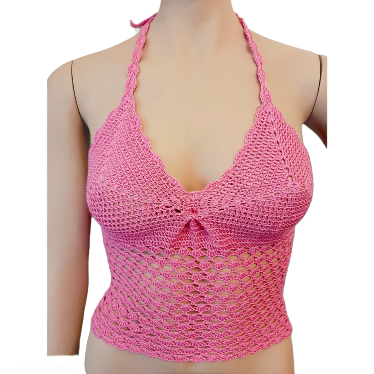 Women's open back crochet top 100% cotton size S FUXIA