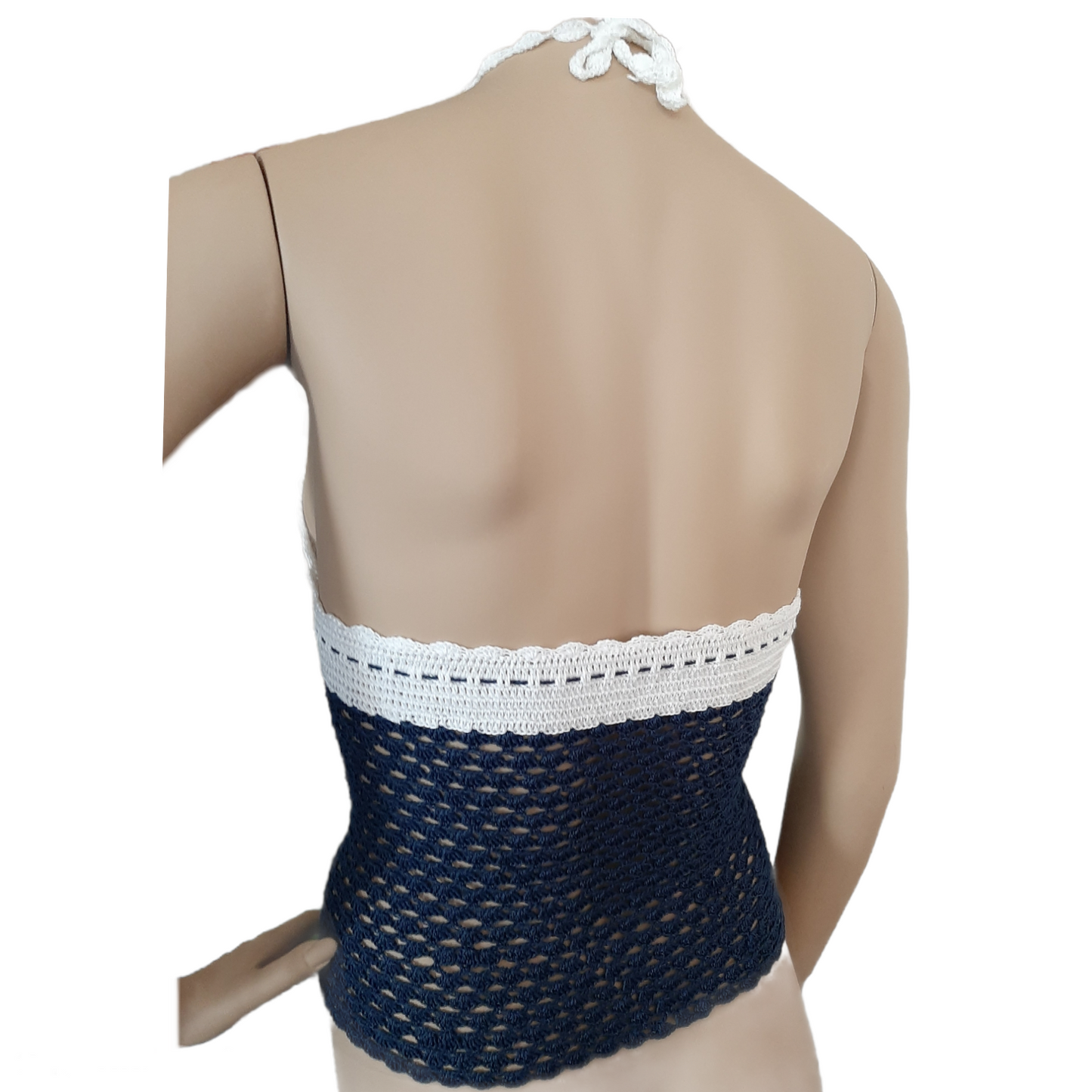 Women's open back crochet top 100% cotton - size S - Blue and White