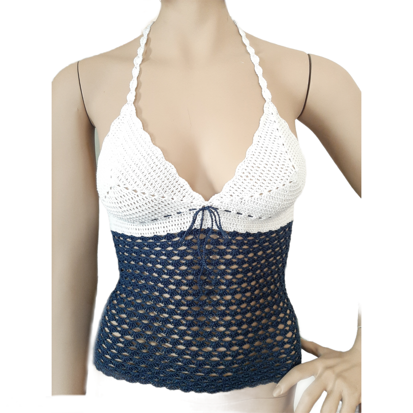 Women's open back crochet top 100% cotton - size S - Blue and White