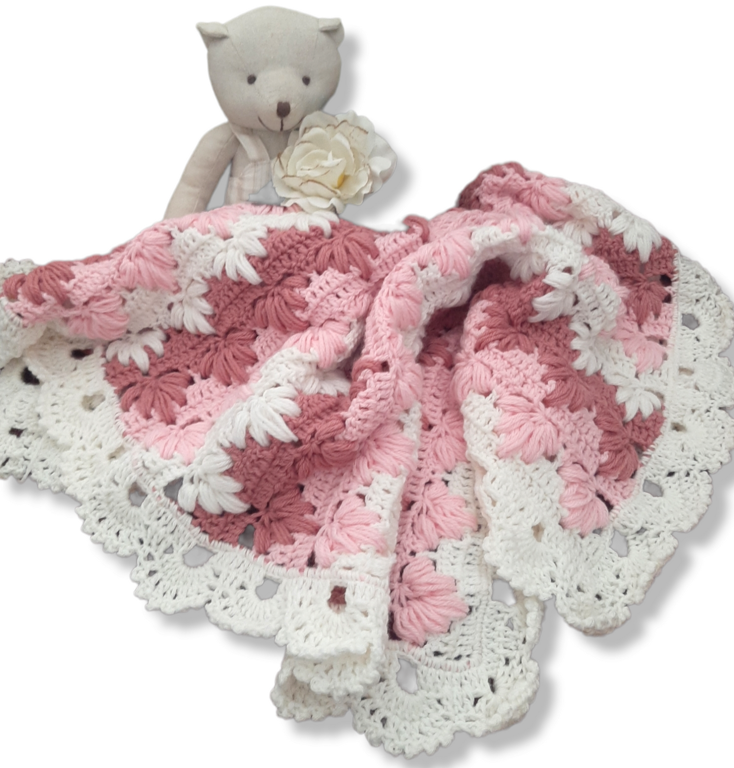 Handmade crochet pink white wool baby blanket TULIP POUFF