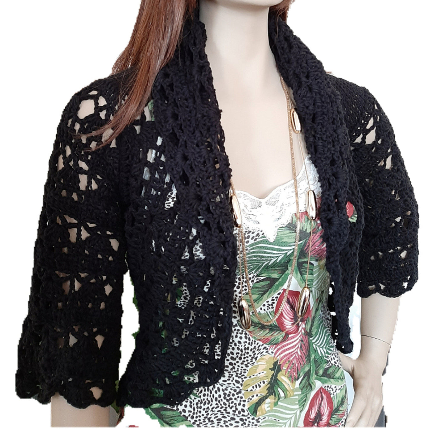 Women's black cotton lace shrug - handmade - artisanal