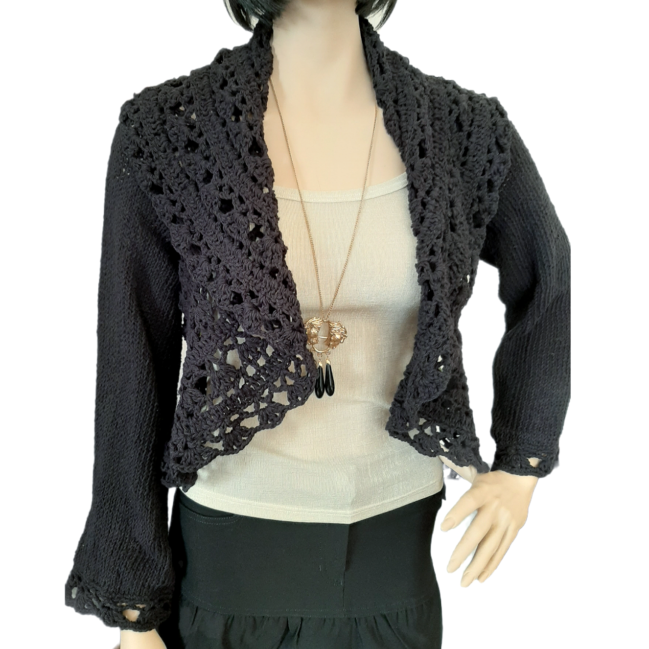 Women's long sleeve black cotton lace shrug - handmade - artisanal