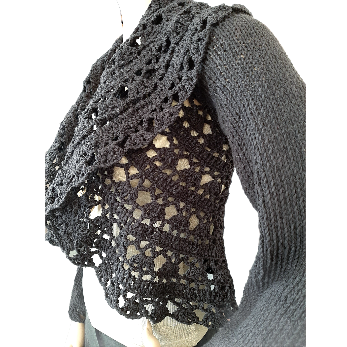 Women's long sleeve black cotton lace shrug - handmade - artisanal