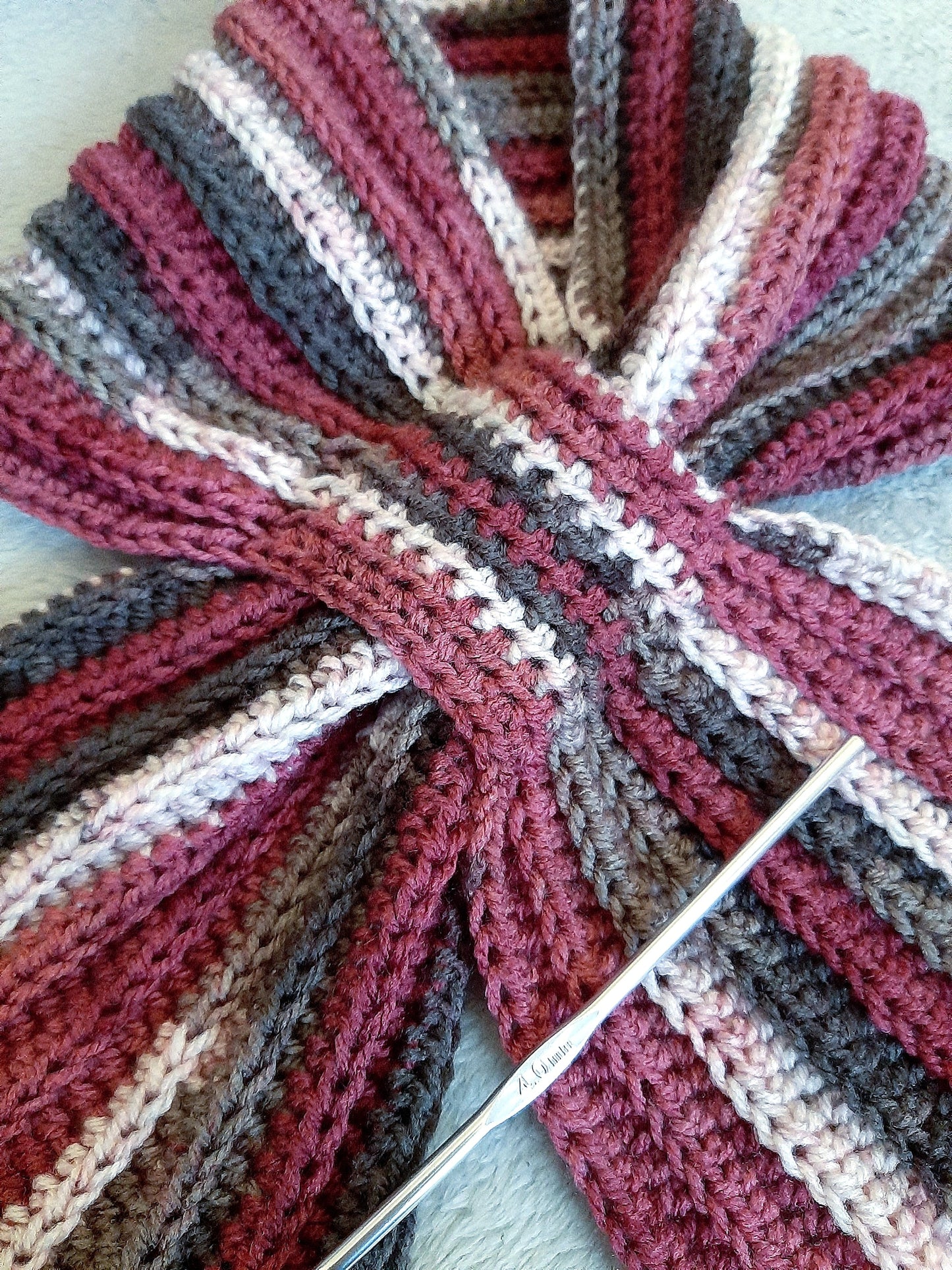 Unisex artisan crochet tie scarf BURGUNDY MIX