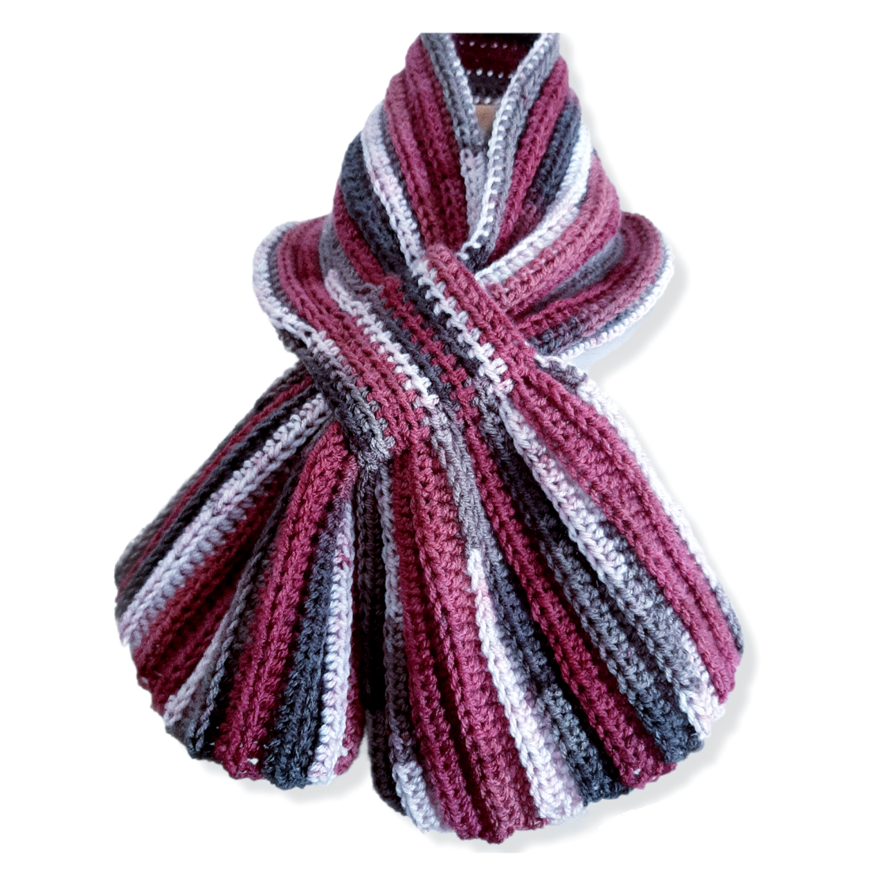 Unisex artisan crochet tie scarf BURGUNDY MIX