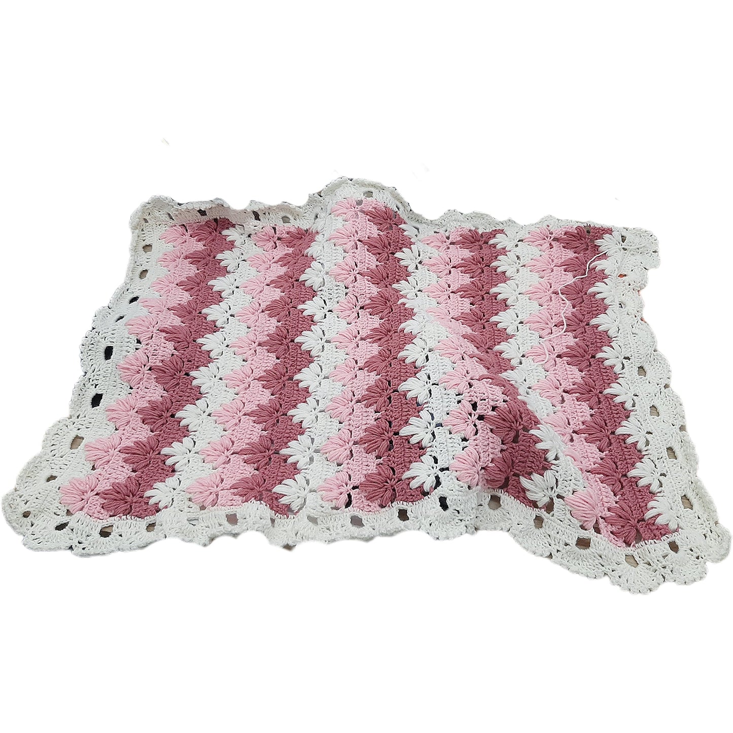 Handmade crochet pink white wool baby blanket TULIP POUFF