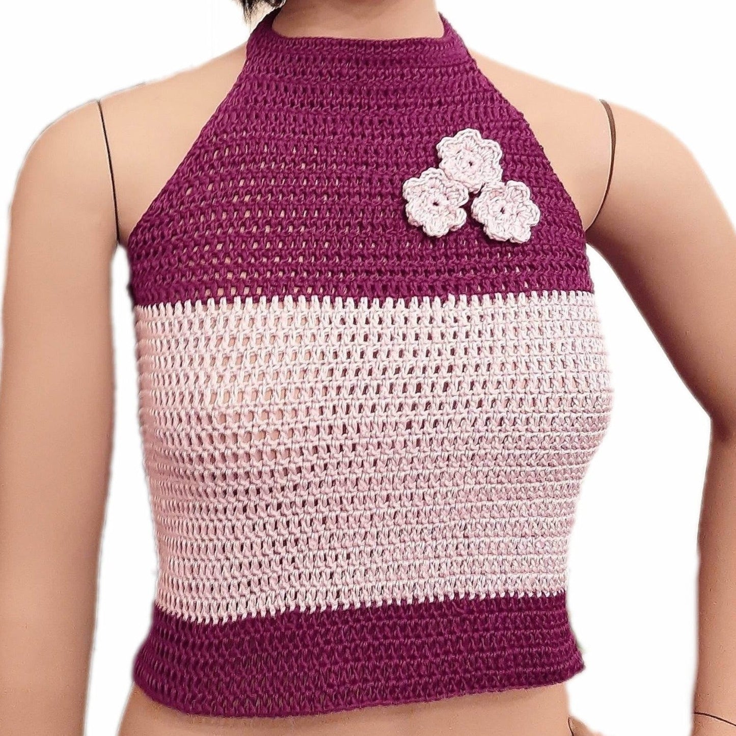 Top maglia cotone uncinetto fuxia lilla con fiori taglia S/M - Fairy Corner