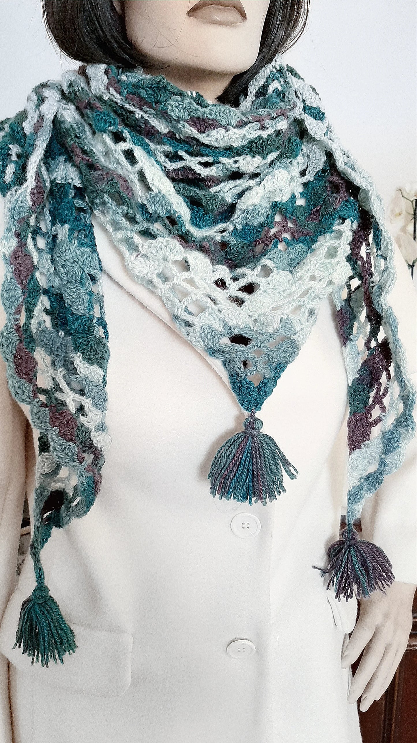 Shawl, Crochet Triangular Scarf with Tassels - Teal