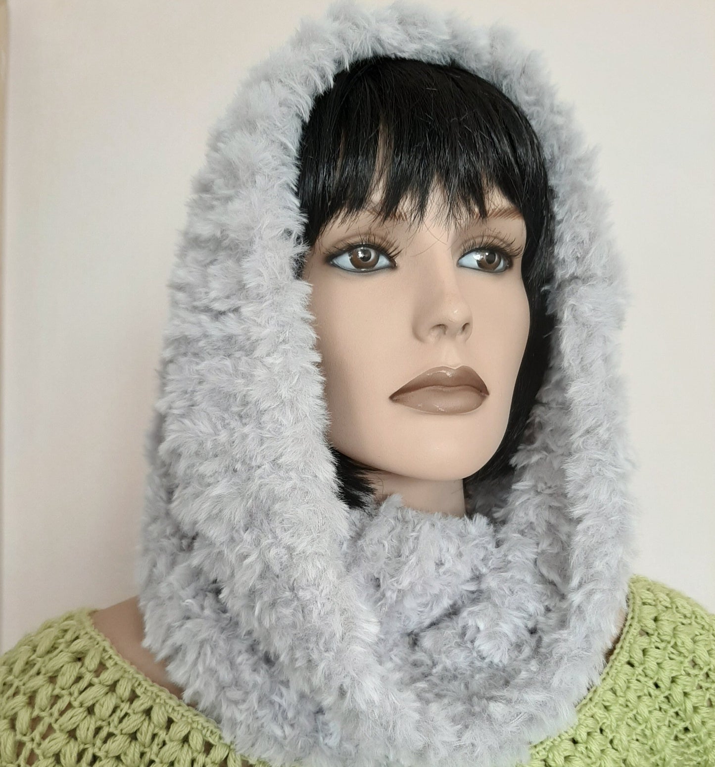 Infinity Scarf hand-knitted fur effect neck warmer - pearl grey