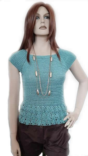 Maglia cotone e viscosa uncinetto con volants verde acqua tg S artigianale - Fairy Corner