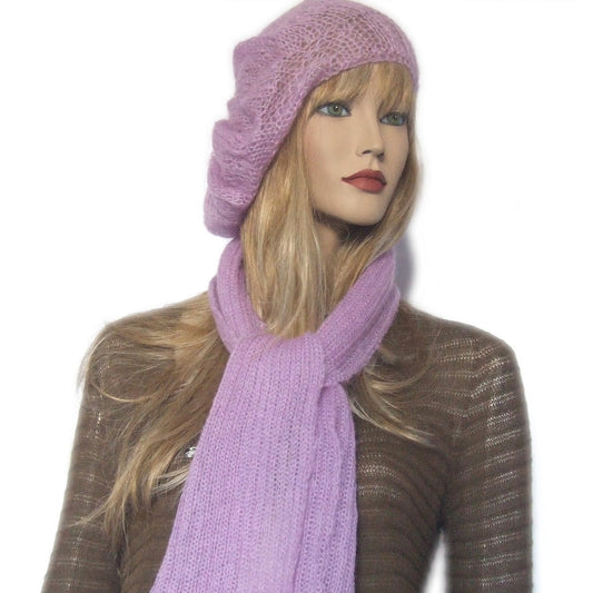 Women's complete scarf + beret in lilac mohair
