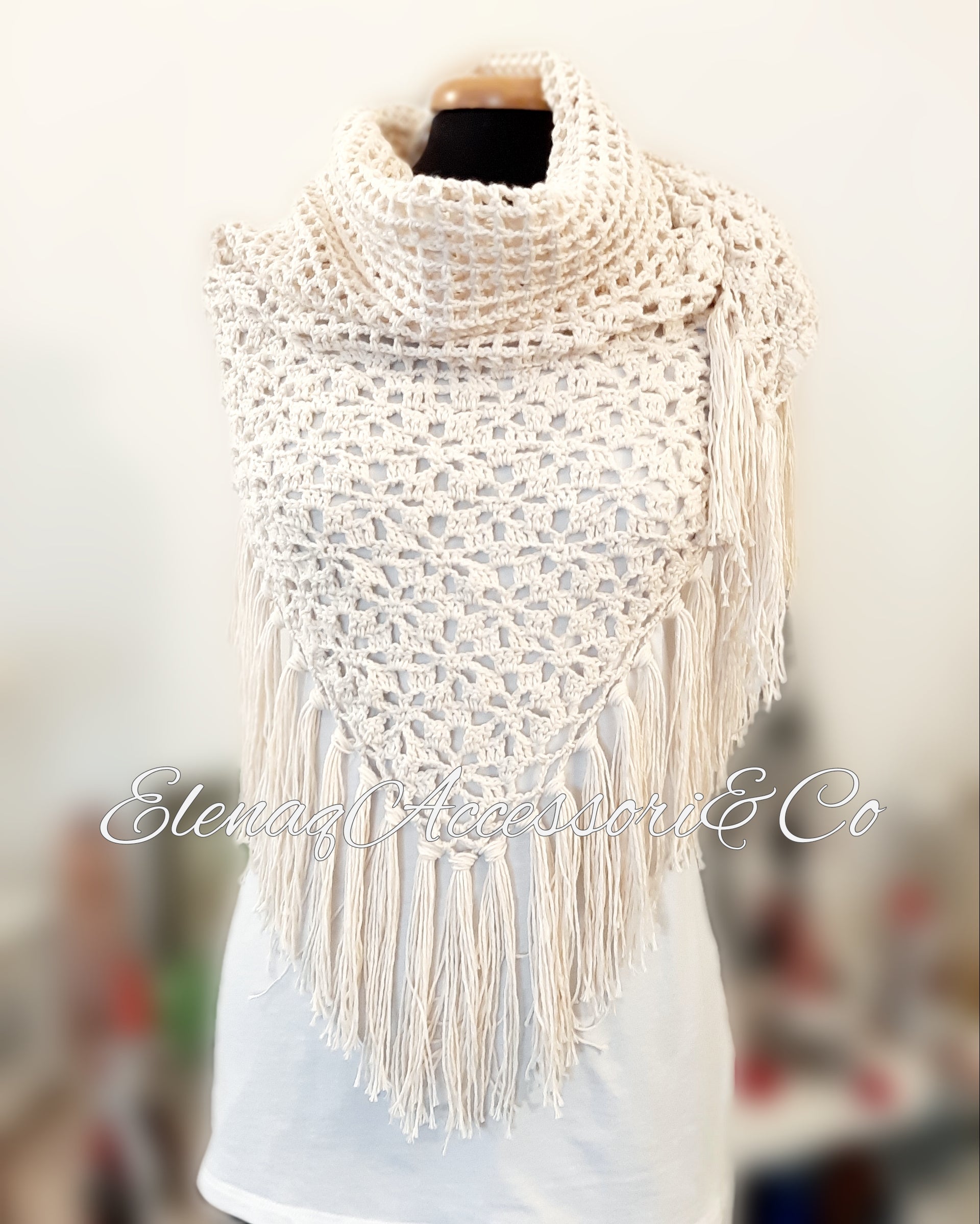Scialle rete in cotone con frange colore naturale beige - Fairy Corner