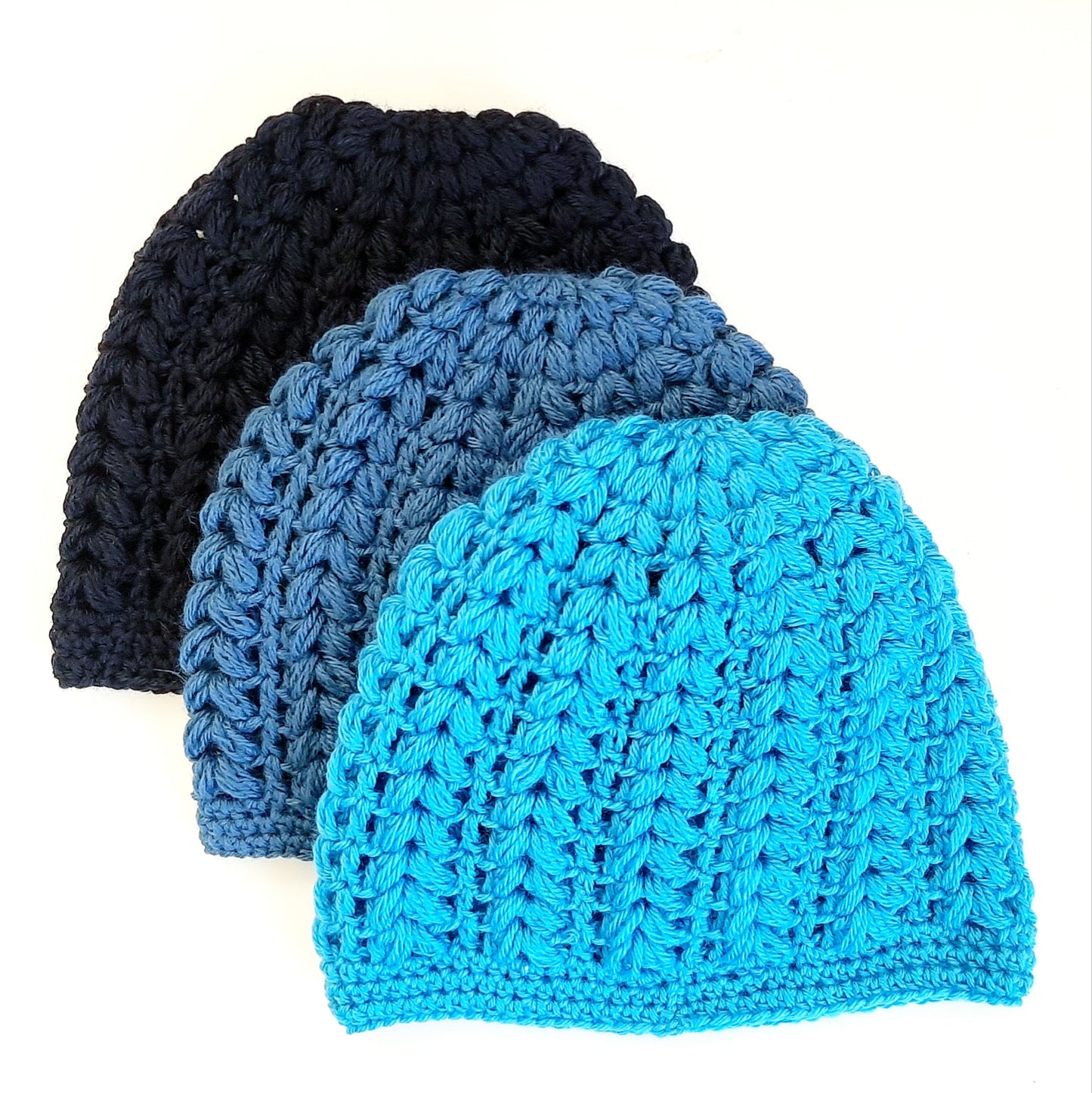 Women's wool beanie pouffe handcrafted crochet - shades of blue