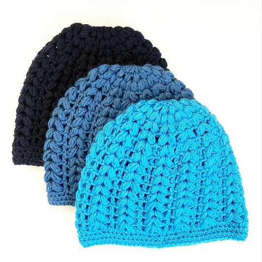 Women's wool beanie pouffe handcrafted crochet - shades of blue