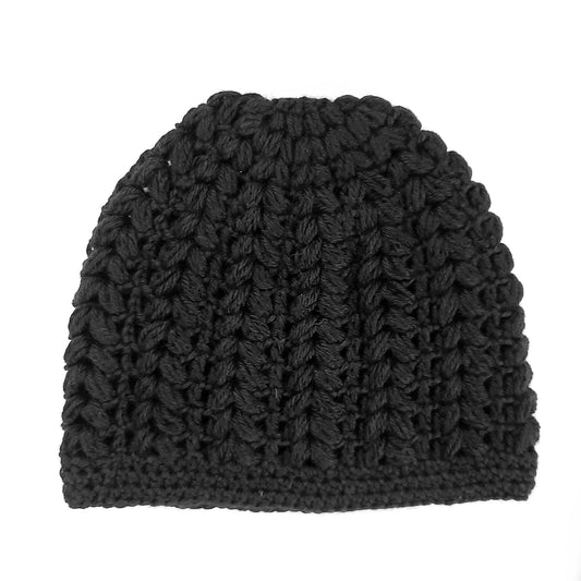 Women's wool pouff handmade crochet hat - black