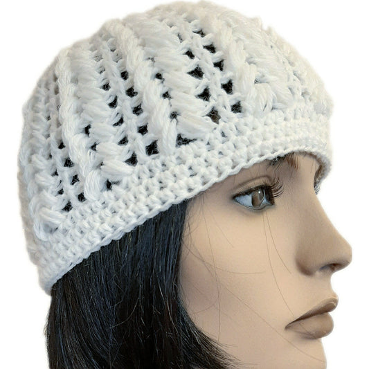 Women's wool pouff handmade crochet hat - white