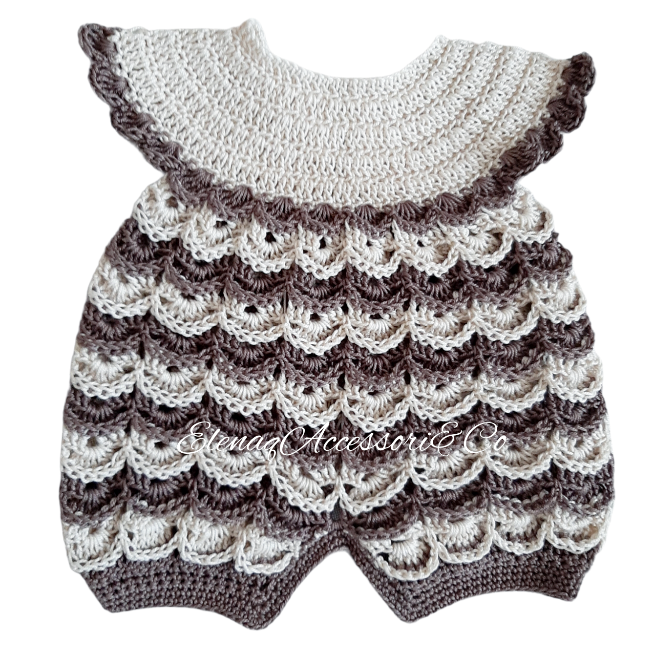 Pagliaccetto neonato cotone 100% tg 0-3 - artigianale uncinetto Ecrù tortora