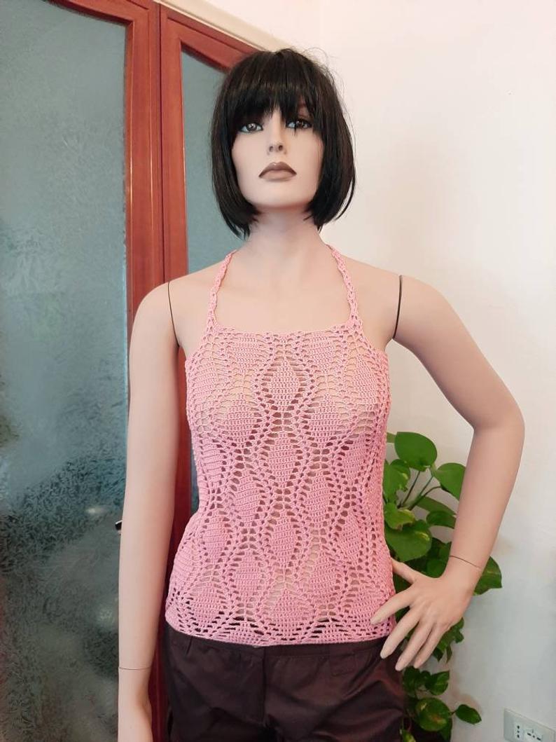 Top donna cotone all'uncinetto in pizzo Rosa Antico - Taglia S - Fairy Corner